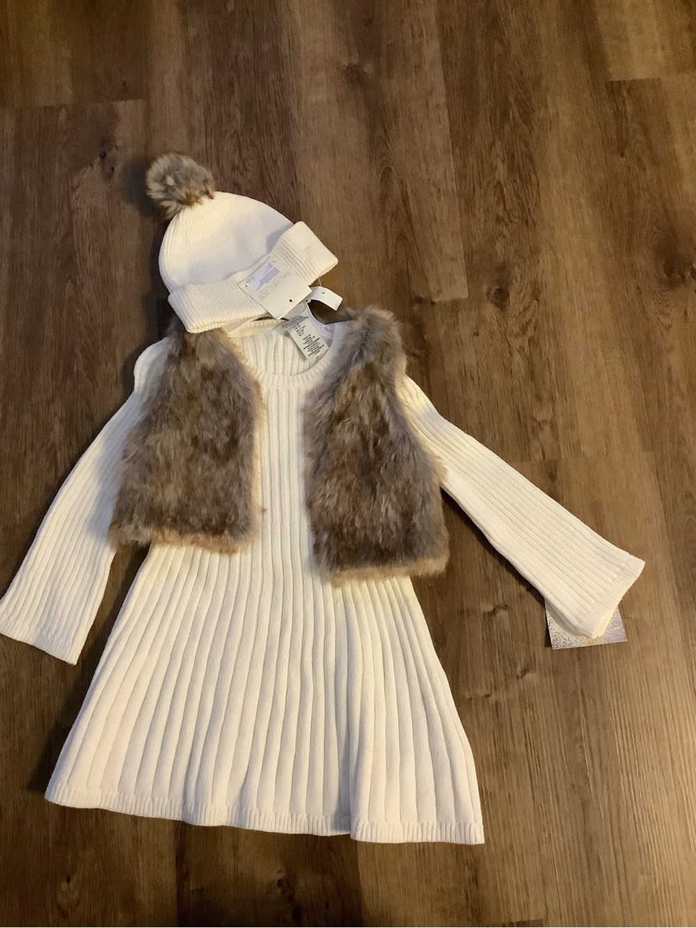 Cream Knit Dress with Faux Fur Vest & Pom Beanie